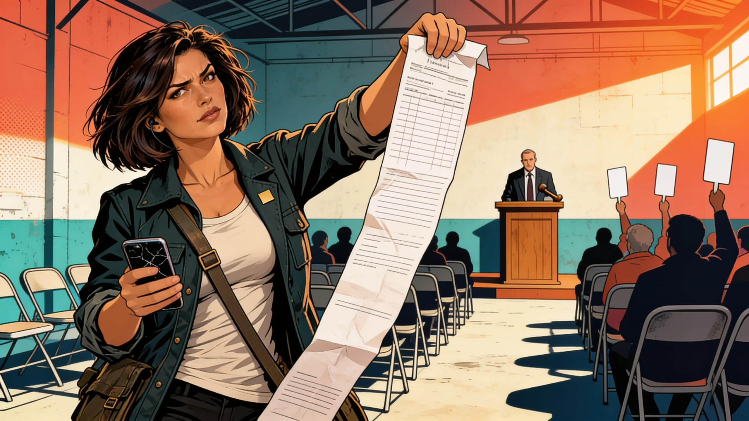 AI-generated illustration of the fictional reporter Mara Vale, who holds up an invoice in a municipal auction hall at midday, with a phone.