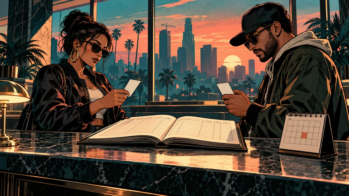 AI-generated editorial illustration, not gameplay or evidence: Two fictional adults at a counter each hold a blank ticket. An open ledger lies between them, with a small calendar on the right and a sunset city behind.