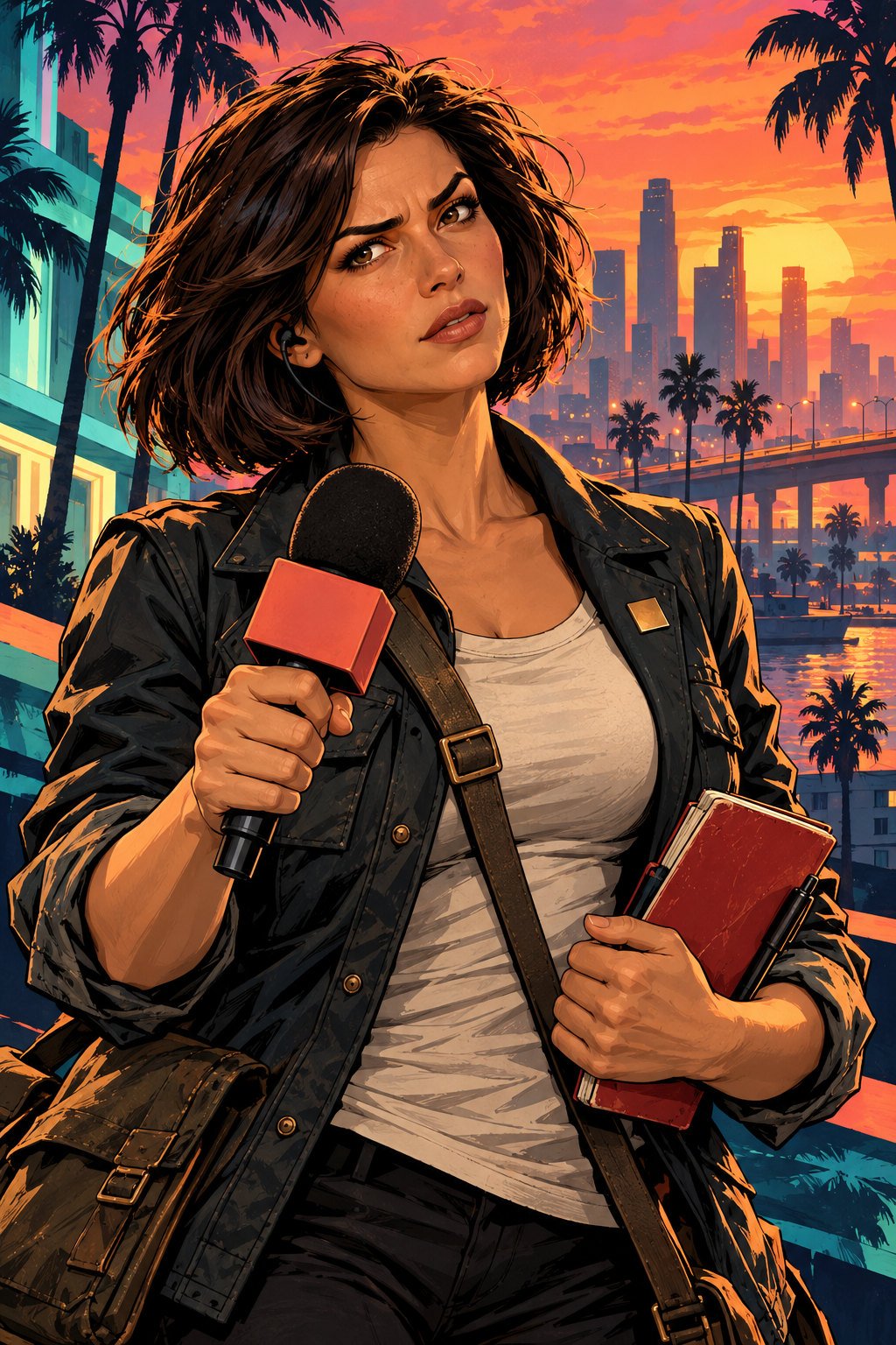 Original AI-generated comic-style portrait of fictional reporter Mara Vale holding a coral microphone and red notebook against a palm-lined coastal skyline at sunset