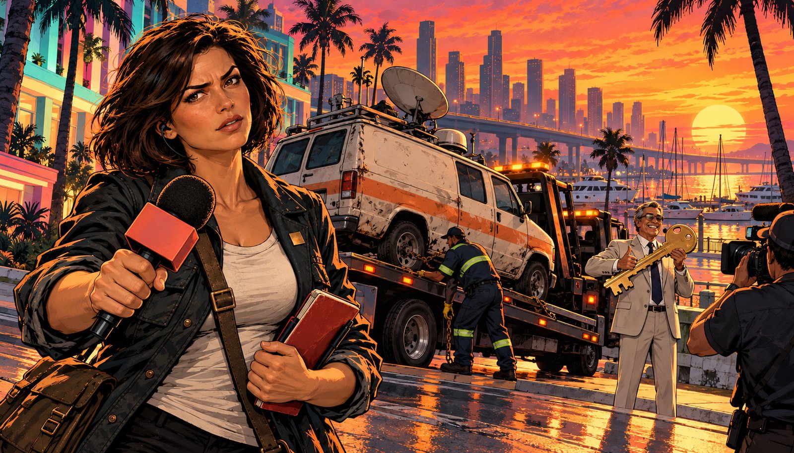 Original AI-generated fictional scene: Mara Vale questions a coastal-city photo opportunity as her battered news van is loaded onto a tow truck and an official poses with a giant key