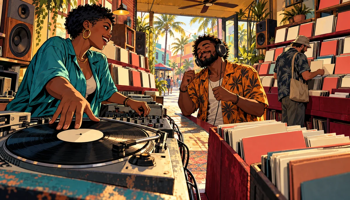 AI-generated editorial illustration, not gameplay or evidence: A DJ cues a vinyl record while a headphone-wearing customer enjoys the music in a sunlit tropical-city record shop.