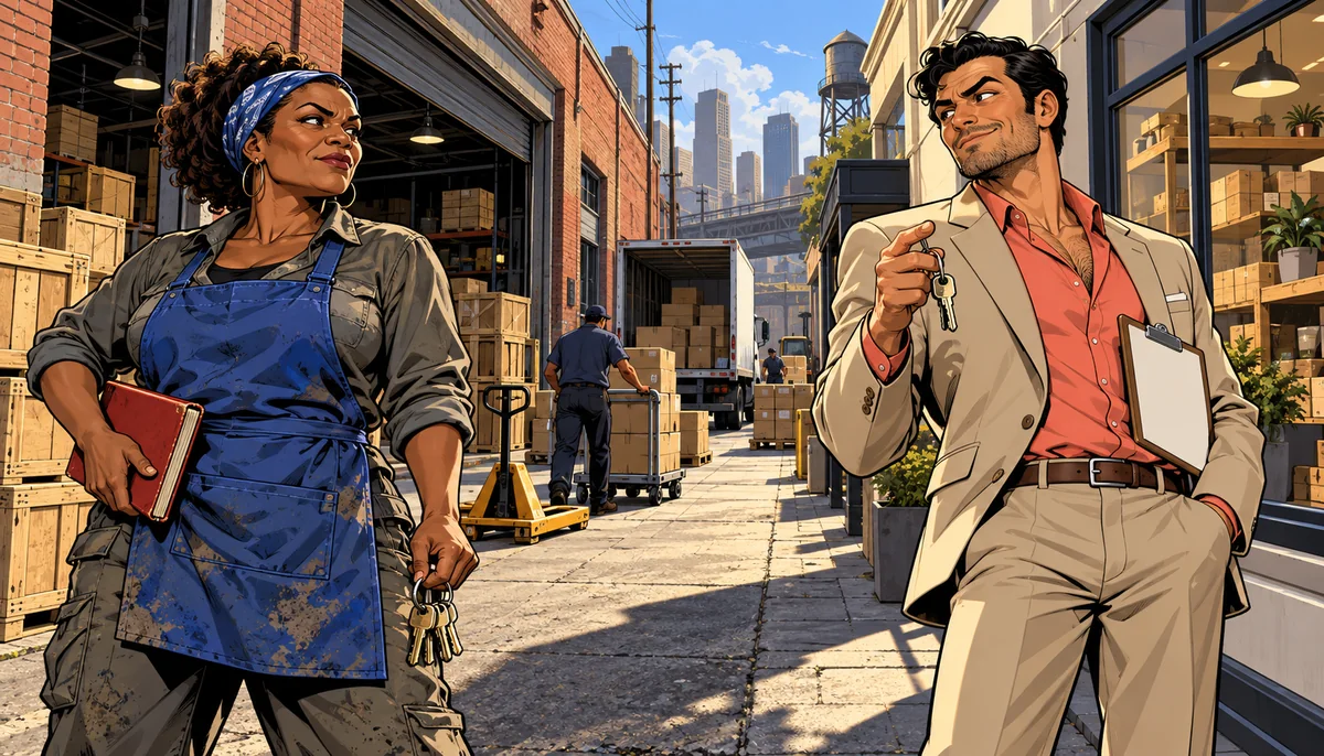 AI-generated editorial illustration, not gameplay or evidence: A warehouse operator holding keys and a ledger faces a suited storefront owner across a busy industrial loading lane.