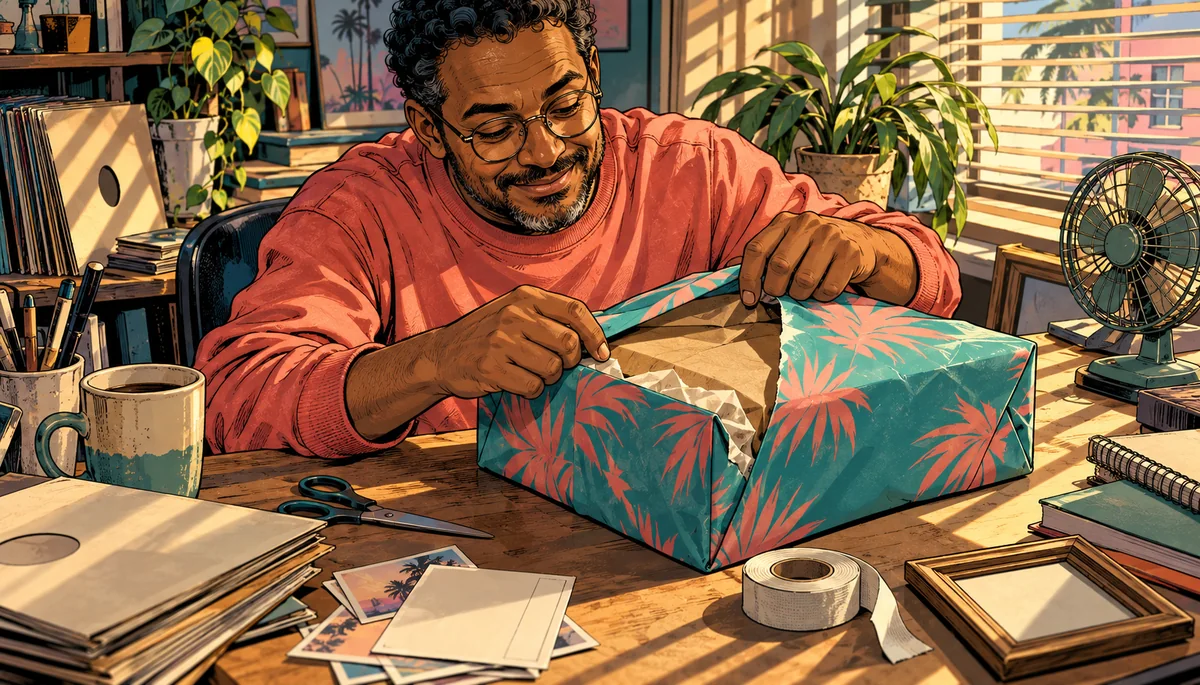 AI-generated editorial illustration, not gameplay or evidence: A collector peels back palm-patterned wrapping on a parcel at a cluttered desk, with the contents still hidden.