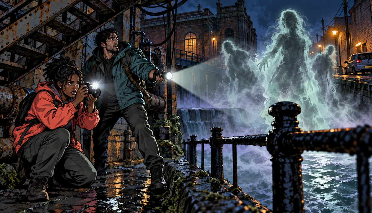 AI-generated editorial illustration, not gameplay or evidence: Two fictional ghost hunters aim a camera and flashlight at pale apparitions rising over a dark urban canal.
