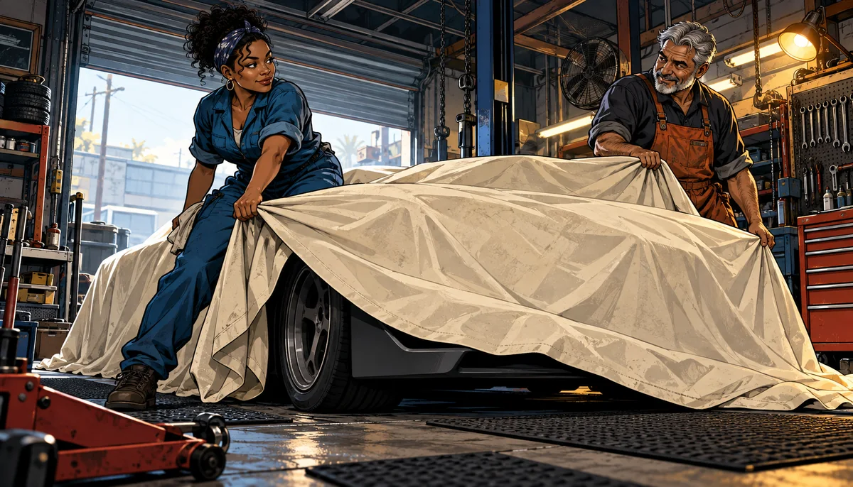 AI-generated editorial illustration, not gameplay or evidence: Two mechanics lift the edge of a plain canvas sheet covering an unidentified low car in a working garage.