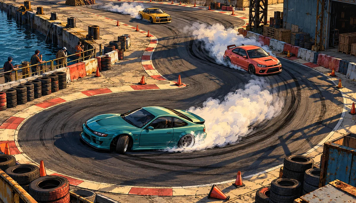 AI-generated editorial illustration, not gameplay or evidence: Three generic cars slide around an invented dockyard drift course, leaving curling tire smoke and dark tire marks.