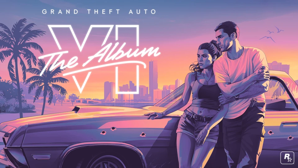 Grand Theft Auto VI: The Album artwork with a woman and man beside a gold car at a pink coastal sunset; the Rockstar emblem remains at bottom right.