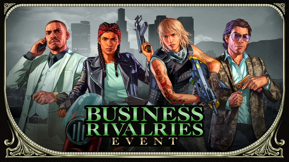 Business Rivalries Event artwork showing four characters with a phone, a vehicle and firearms inside an ornate frame.