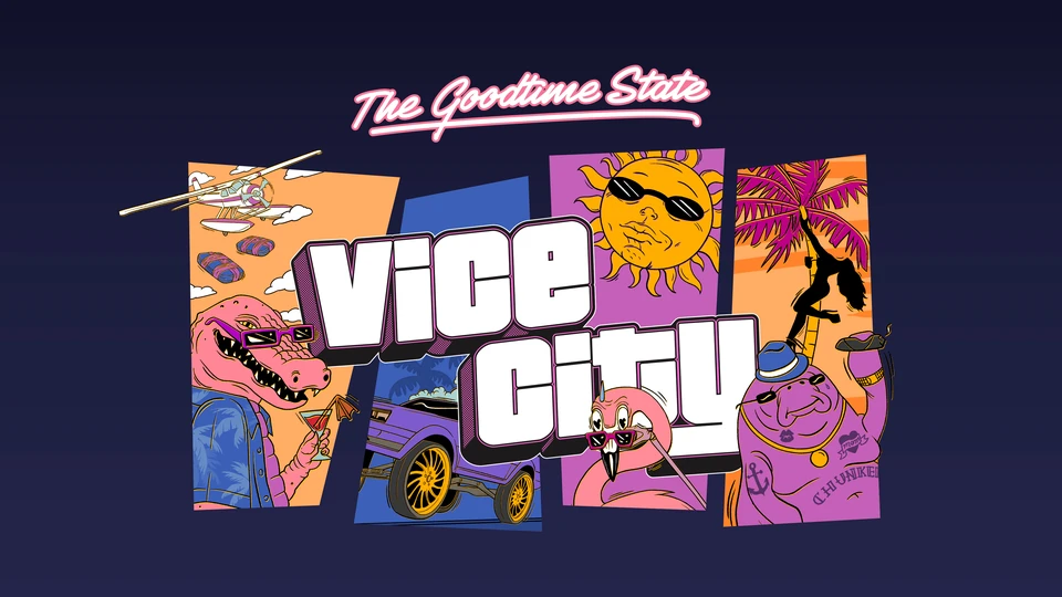The Goodtime State Vice City collection announcement artwork with Vice City lettering, cartoon animals, a sun, palms, a car and a seaplane.