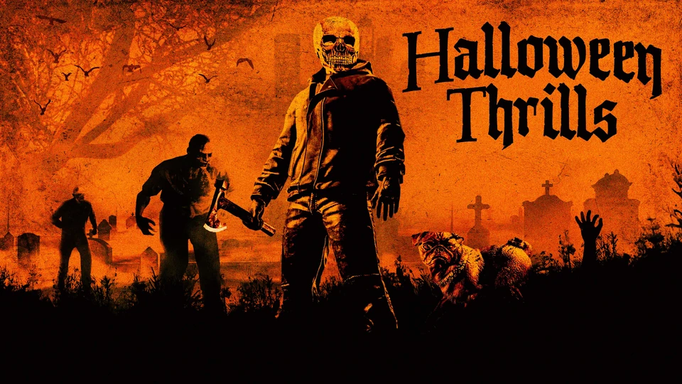 Halloween Thrills promotional artwork with a skull-masked figure, zombies, bats and a pug in an orange graveyard.