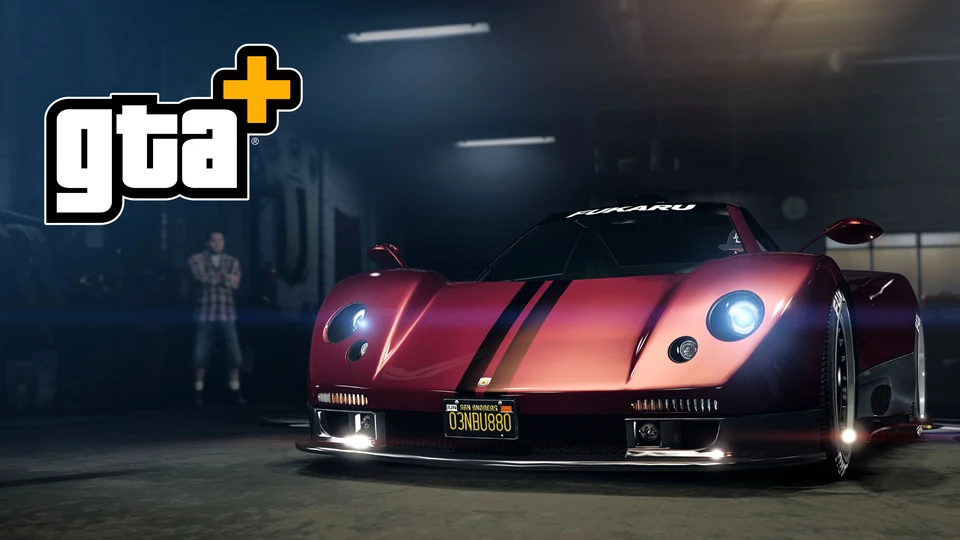 Official Pegassi Horus promotional image showing a red supercar in a garage with the GTA+ badge at upper left.