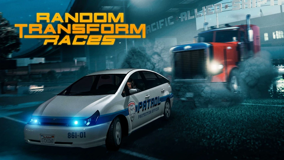 Random Transform Races promotional image with a white patrol car in front of a red semi-truck on a wet industrial street.