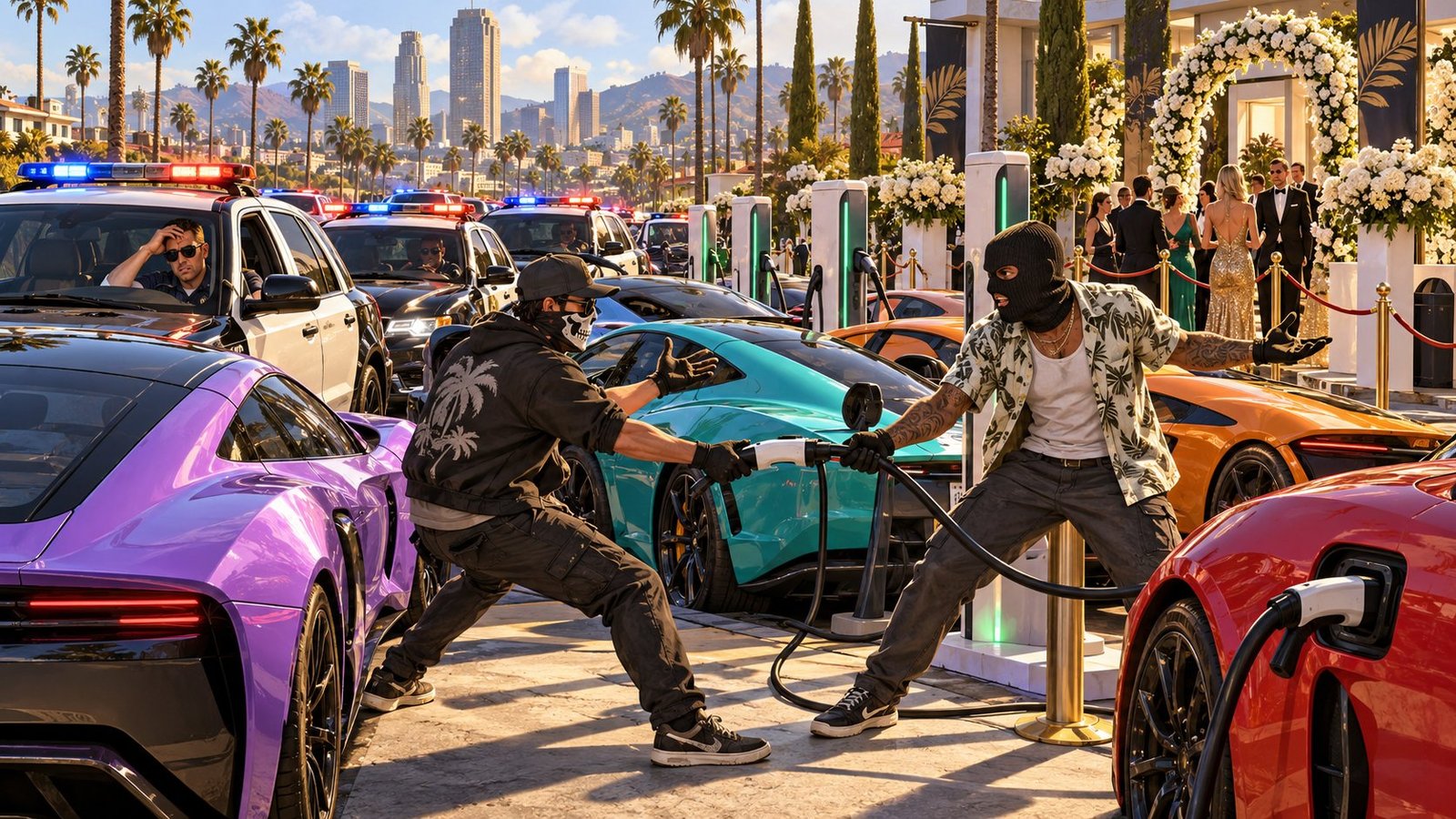 Two masked thieves argue over a charging cable between colourful stolen supercars, stalled police cruisers and a luxury gala entrance.