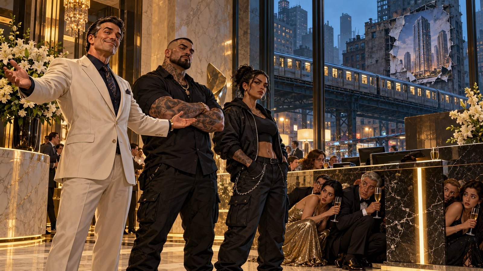 A smiling developer presents two intimidating gang consultants in a marble lobby while champagne guests hide behind the reception desk.