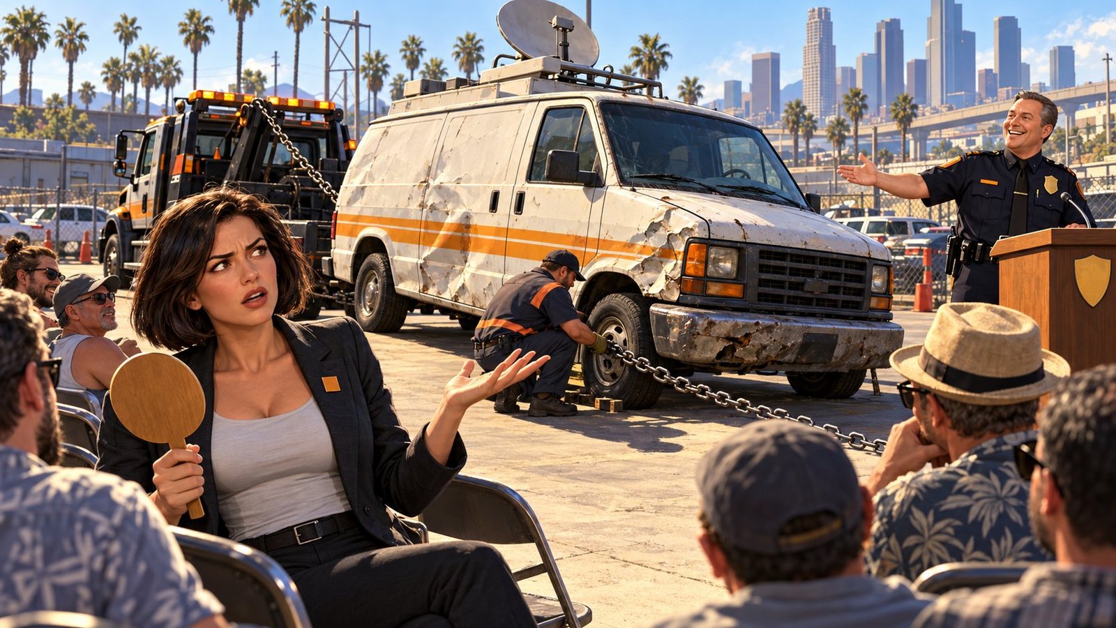 An exasperated adult reporter raises an auction paddle beside her battered news van while a smiling police spokesman and tow operator prepare its removal.