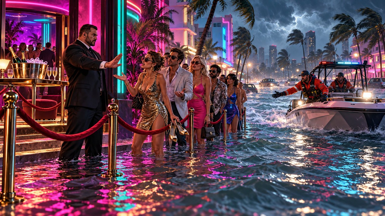 A nightclub bouncer holds back a velvet-rope VIP queue in floodwater as rescuers approach by speedboat under a stormy neon skyline.